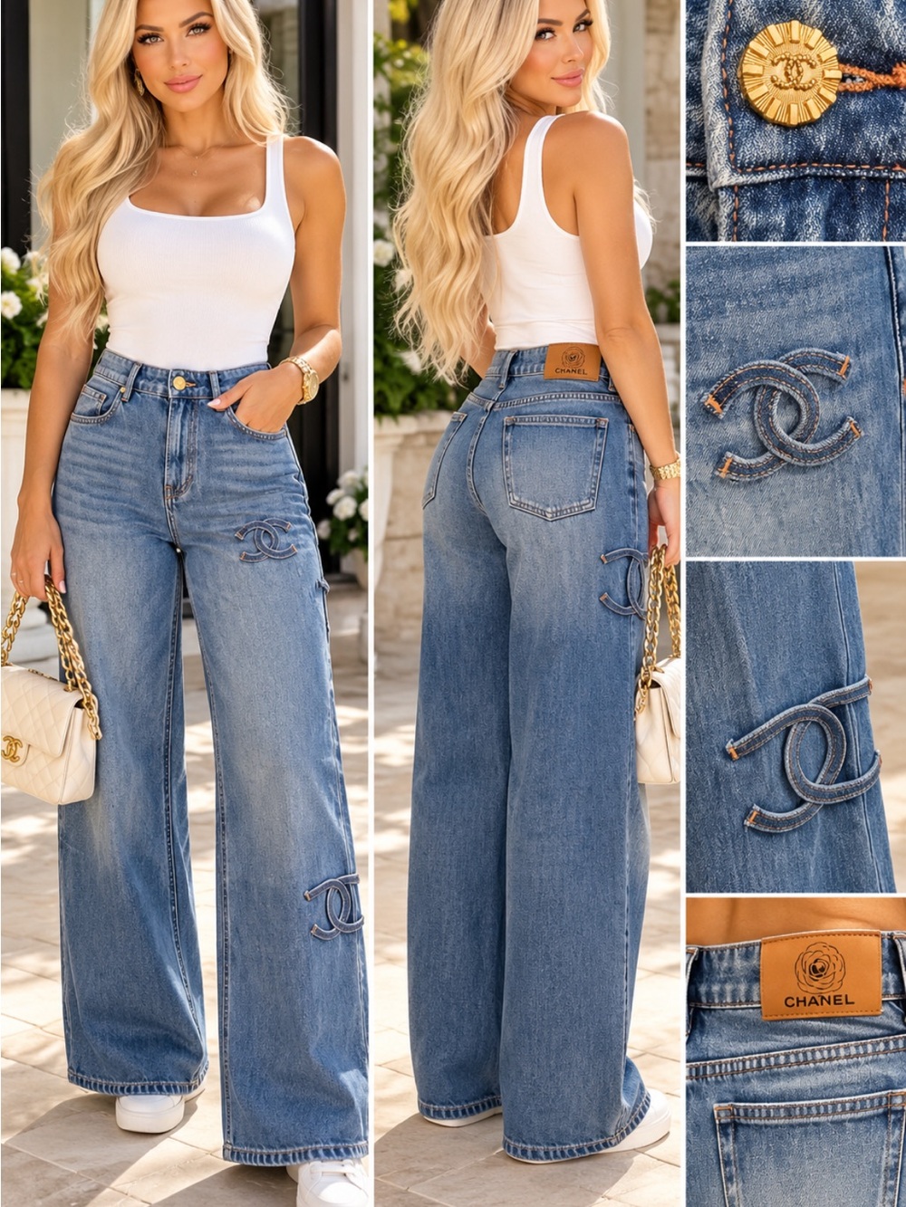 FASHION Light Blue High-Waist Wide-Leg Jeans with Embroidered CC